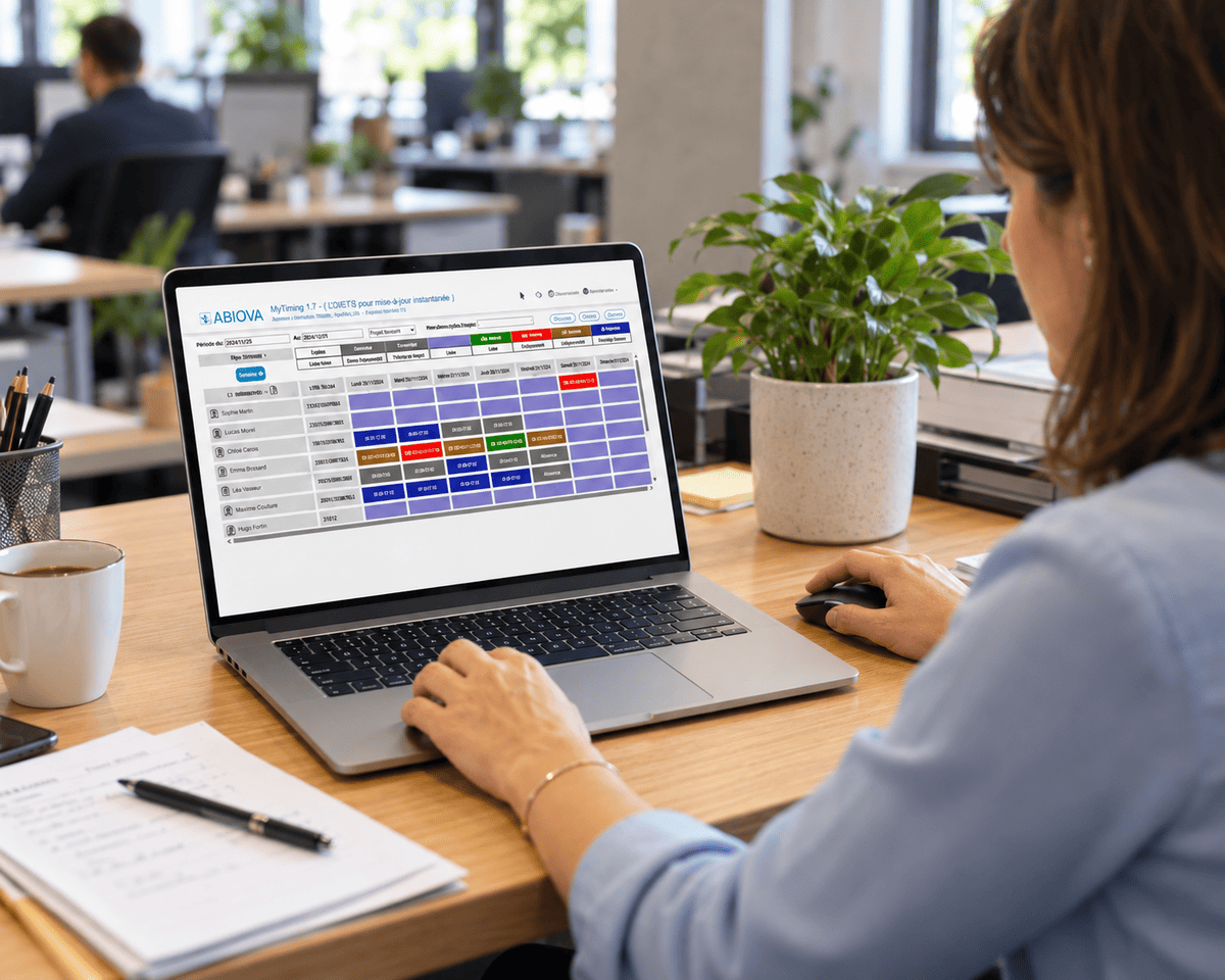 Tableau de bord du logiciel de gestion du temps MyTiming avec planning et codes couleurs